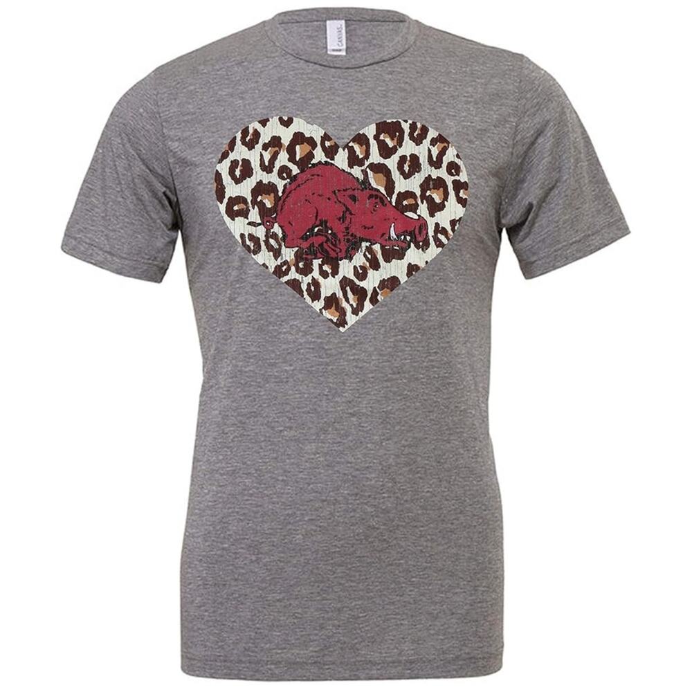 Arkansas Razorback Women's Leopard Heart Hog Gray T-Shirt Size LARGE